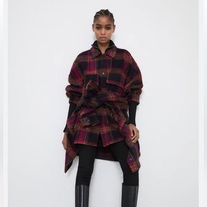 EUC ZARA OVERSIZED PLAID WOOL BLEND SHACKET JACKET BLACK PINK SIZE S - M